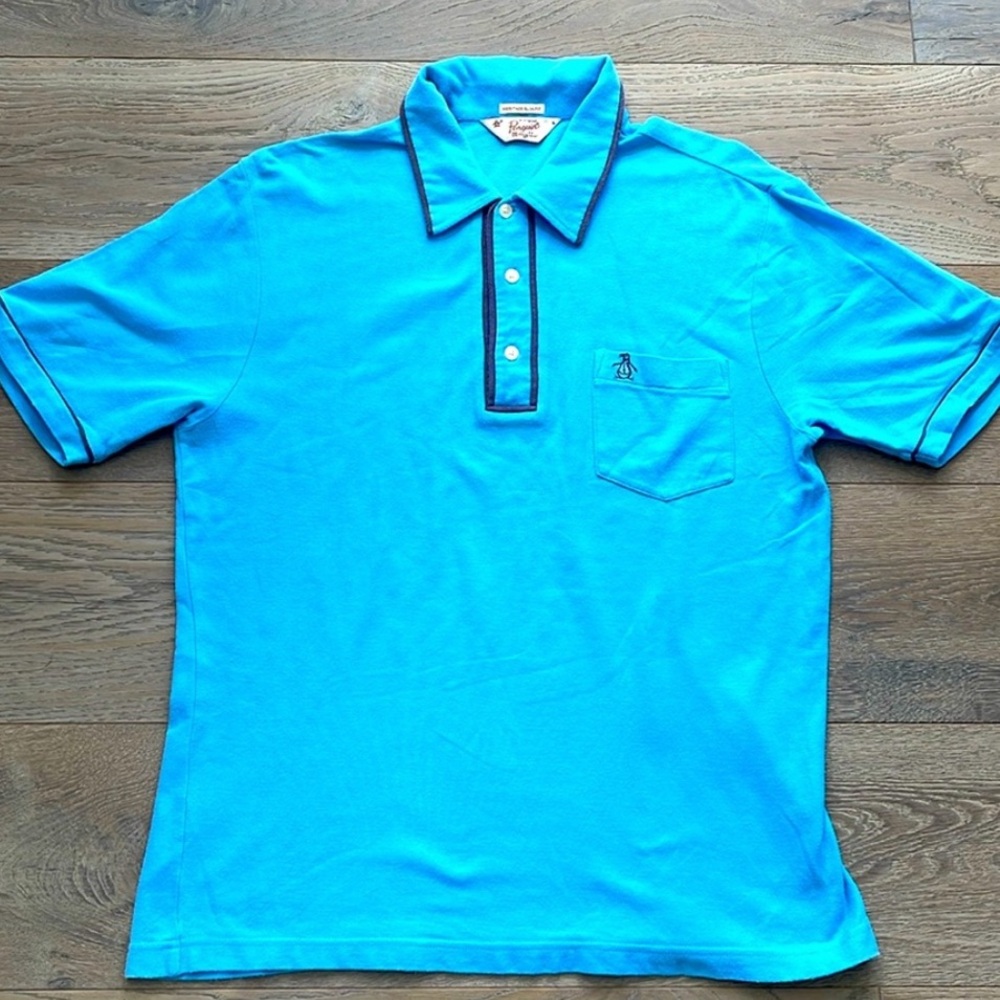 Men’s Original Penguin Sky Blue Pocket w/ Grey Piping 💯Cotton Slim Fit Polo-L